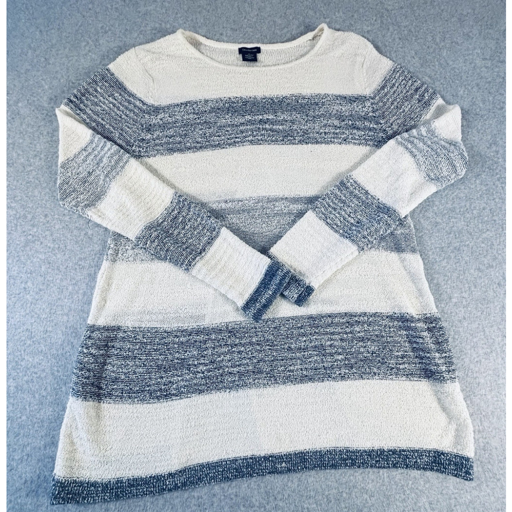 Calvin Klein Jeans Sweater‎ Womens XL Blue Cream Striped Knit Pullover